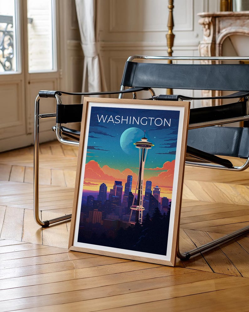 Washington Travel Print, Seattle Poster, Space Needle Wall Art, Cityscape Illustration, Washington Poster, Home Decor, Birthday Gift