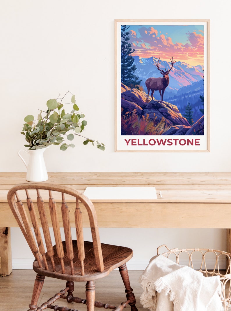 Affiche de voyage de Yellowstone, art mural de cerf, impression de cerf, affiche de Yellowstone, affiche de cerf, affiche du Wyoming, art de Yellowstone