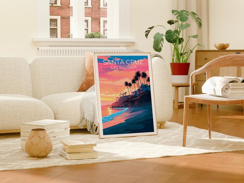 Santa Cruz Travel Print California Poster Beach Wall Art Coastal Illustration Santa Cruz Poster Home Decor Birthday Gift