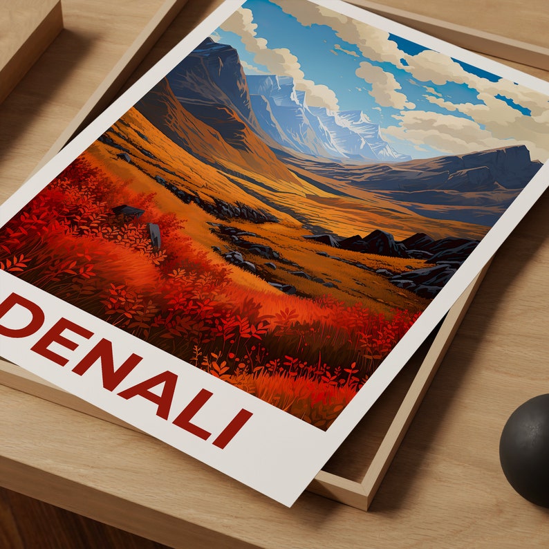 Affiche du parc national de Denali, impression Denali, affiche de l'Alaska, impression de l'Alaska, affiche de voyage Denali, art de la montagne, art Denali