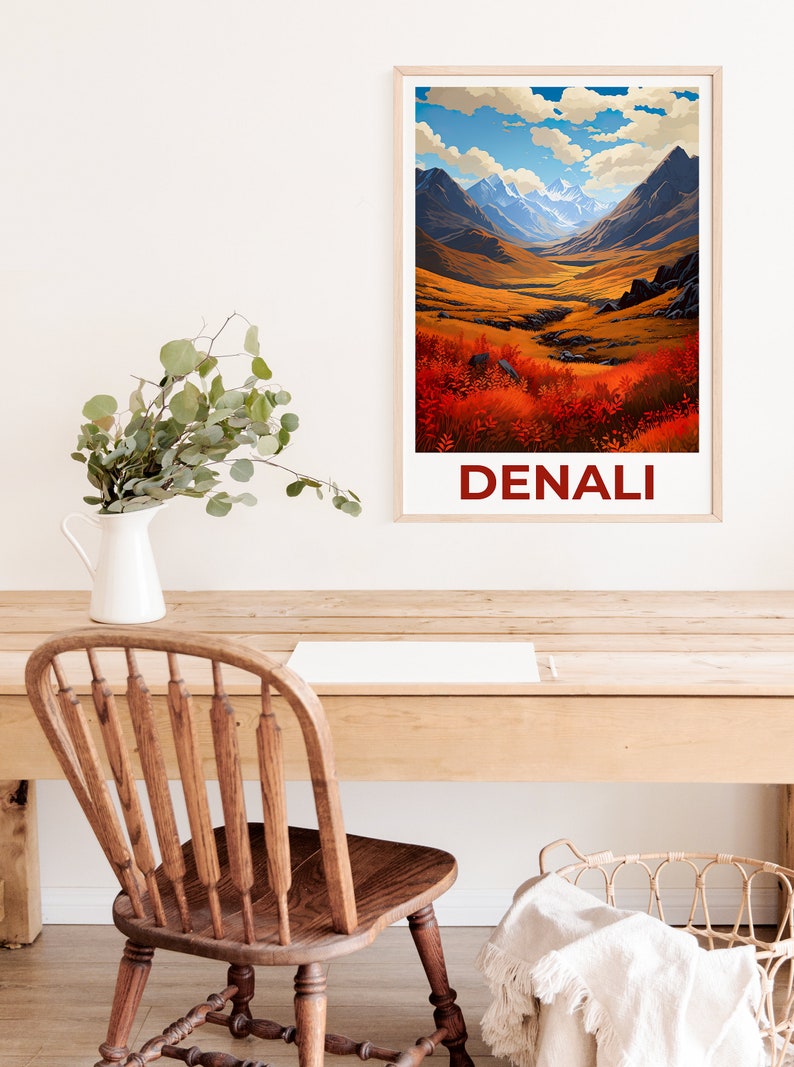 Affiche du parc national de Denali, impression Denali, affiche de l'Alaska, impression de l'Alaska, affiche de voyage Denali, art de la montagne, art Denali