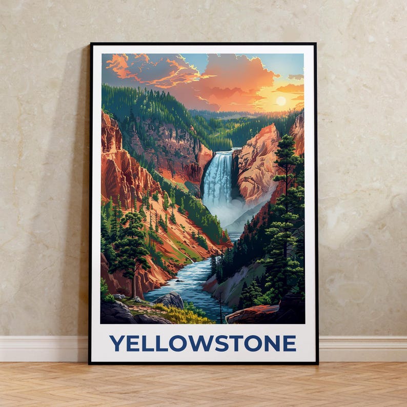 Yellowstone National Park Poster, Yellowstone Print, Wyoming Poster, Yellowstone Waterfall Print, Yellowstone Gift, Waterfall Poster