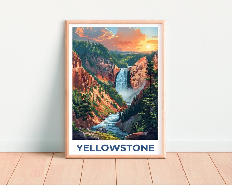 Yellowstone National Park Poster, Yellowstone Print, Wyoming Poster, Yellowstone Waterfall Print, Yellowstone Gift, Waterfall Poster
