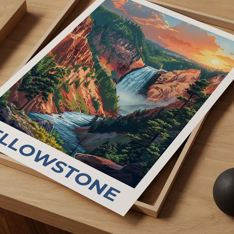 Yellowstone National Park Poster, Yellowstone Print, Wyoming Poster, Yellowstone Waterfall Print, Yellowstone Gift, Waterfall Poster