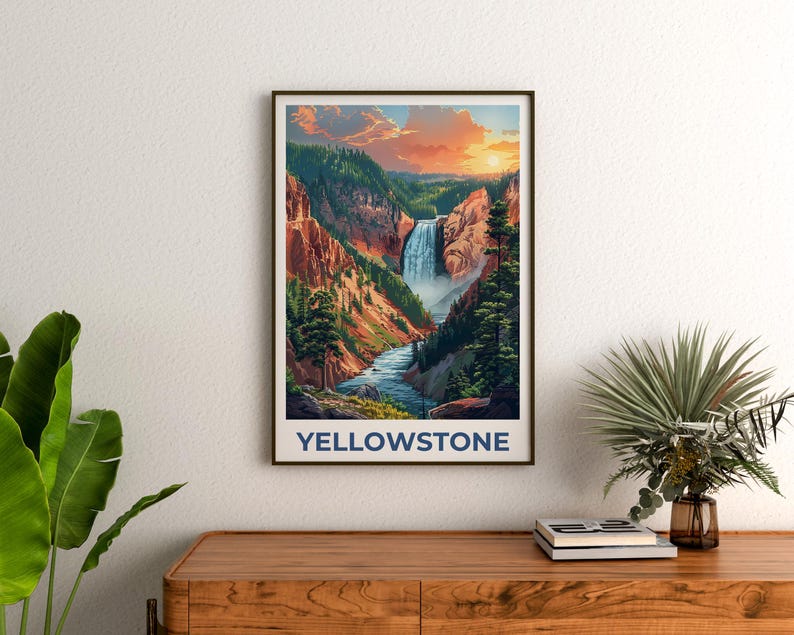 Yellowstone National Park Poster, Yellowstone Print, Wyoming Poster, Yellowstone Waterfall Print, Yellowstone Gift, Waterfall Poster
