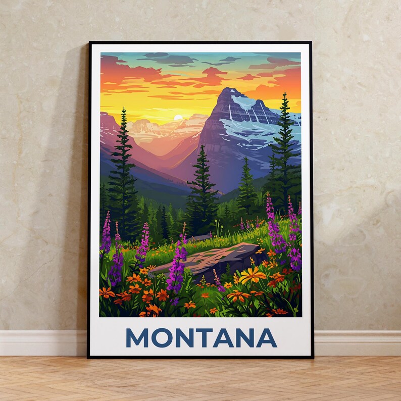 Montana Travel Poster, Glacier National Park Print, Flowers Wall Art, Forest Illustration, Landscape Poster, Home Decor, Birthday Gift