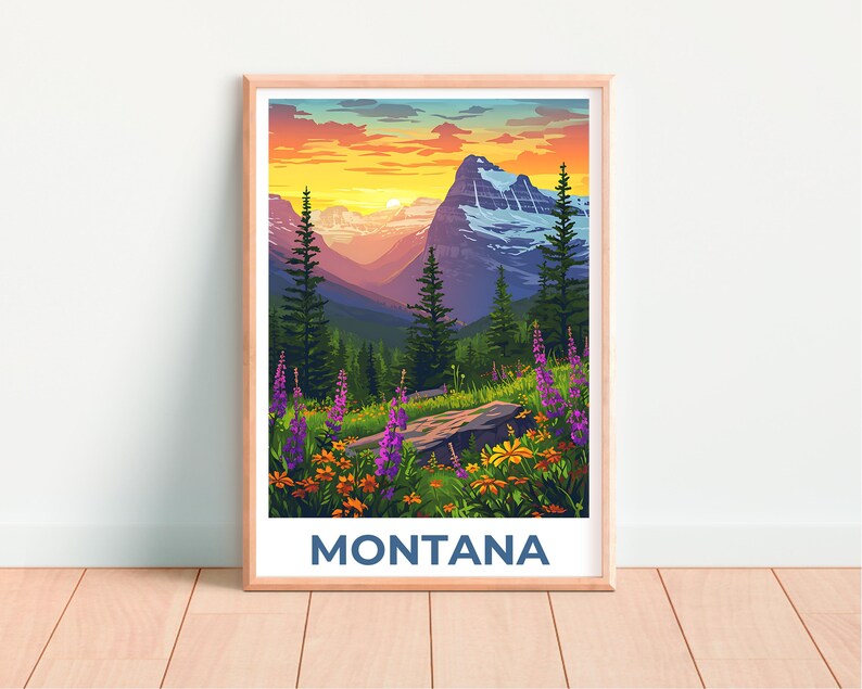 Montana Travel Poster, Glacier National Park Print, Flowers Wall Art, Forest Illustration, Landscape Poster, Home Decor, Birthday Gift
