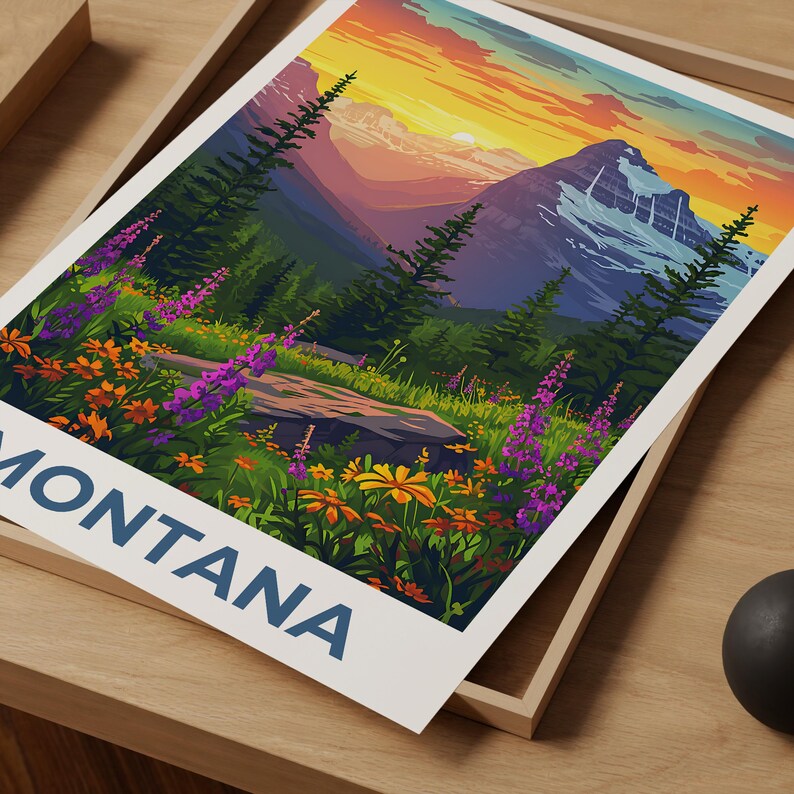 Montana Travel Poster, Glacier National Park Print, Flowers Wall Art, Forest Illustration, Landscape Poster, Home Decor, Birthday Gift