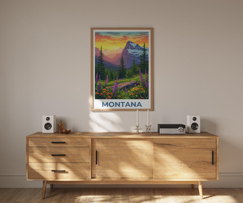 Montana Travel Poster, Glacier National Park Print, Flowers Wall Art, Forest Illustration, Landscape Poster, Home Decor, Birthday Gift