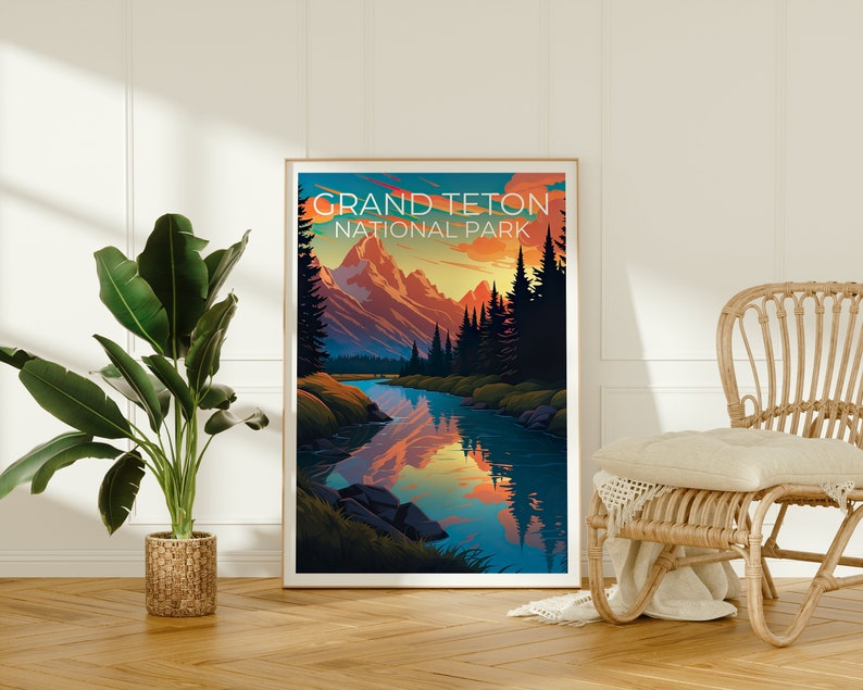 Affiche du parc national de Grand Teton, impression du Wyoming, affiche du Wyoming, impression du Grand Teton, affiche de voyage du Wyoming, affiche de randonnée, art du Grand Teton