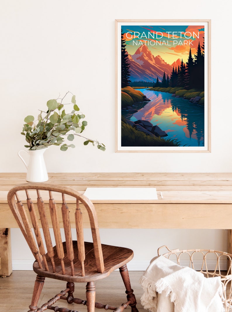 Affiche du parc national de Grand Teton, impression du Wyoming, affiche du Wyoming, impression du Grand Teton, affiche de voyage du Wyoming, affiche de randonnée, art du Grand Teton
