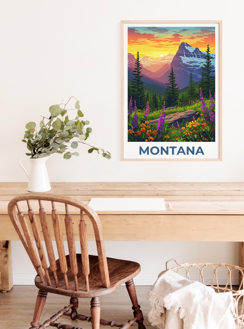 Montana Travel Poster, Glacier National Park Print, Flowers Wall Art, Forest Illustration, Landscape Poster, Home Decor, Birthday Gift