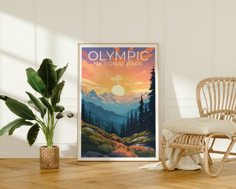 Olympic National Park Poster, Washington State Wall Art, Washington State Print, Mountain Poster, National Park Poster