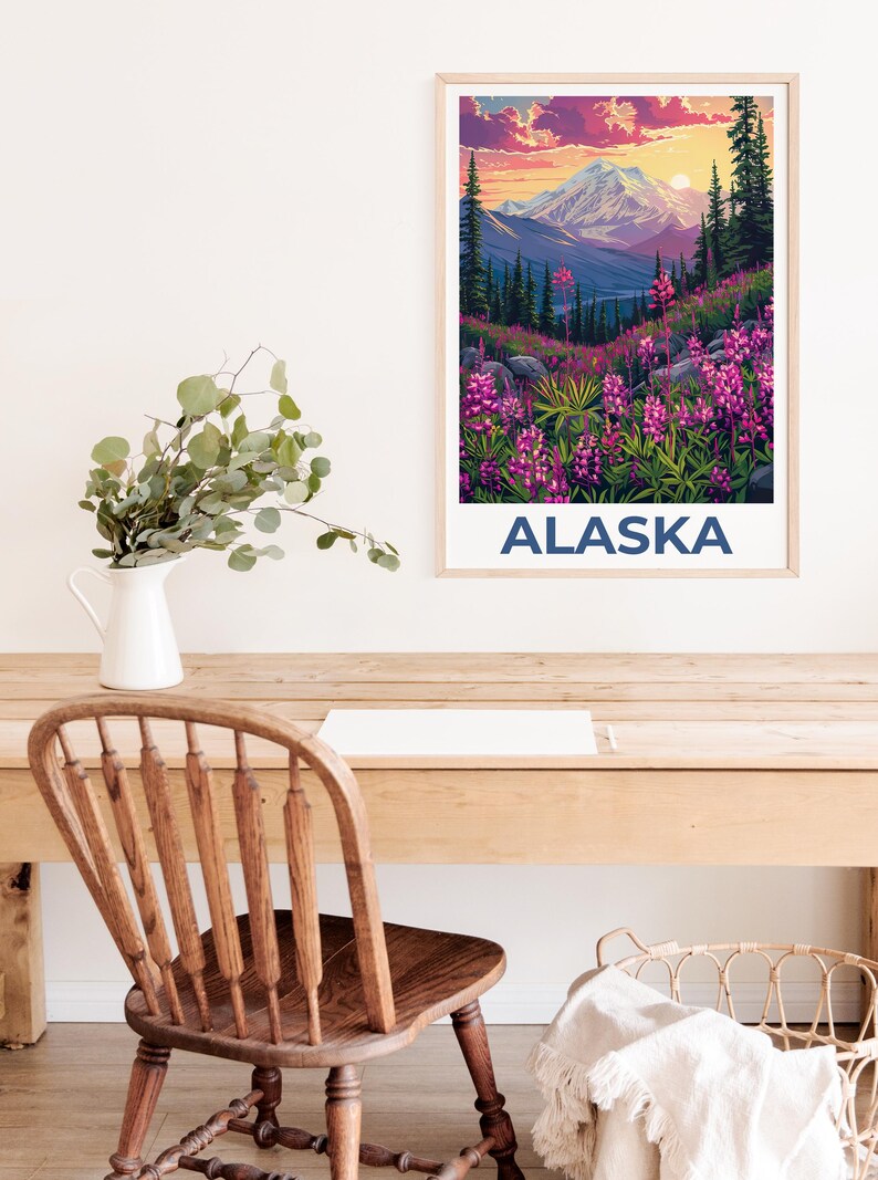 Alaska Print Poster, Alaska Wall Art, Denali Poster, Travel Gift Idea, Alaska Illustration, Mountain Poster