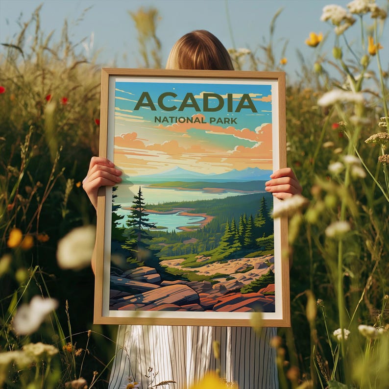 Affiche de voyage d'Acadie, art mural du Maine, impression du Maine, affiche d'Acadie, affiche de forêt, affiche de nature, art d'Acadie
