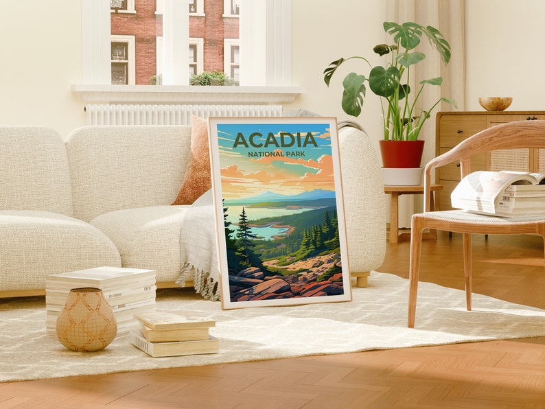 Affiche de voyage d'Acadie, art mural du Maine, impression du Maine, affiche d'Acadie, affiche de forêt, affiche de nature, art d'Acadie
