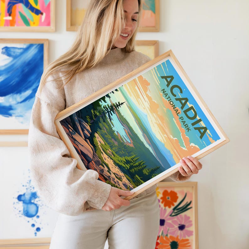 Affiche de voyage d'Acadie, art mural du Maine, impression du Maine, affiche d'Acadie, affiche de forêt, affiche de nature, art d'Acadie