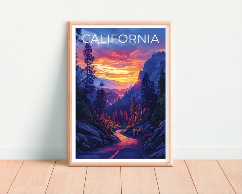 Affiche de Californie, Impression de Californie, Affiche de voyage sur la route, Impression de forĂȘt, Affiche de voyage en Californie, Cadeau de Californie, Art de Californie
