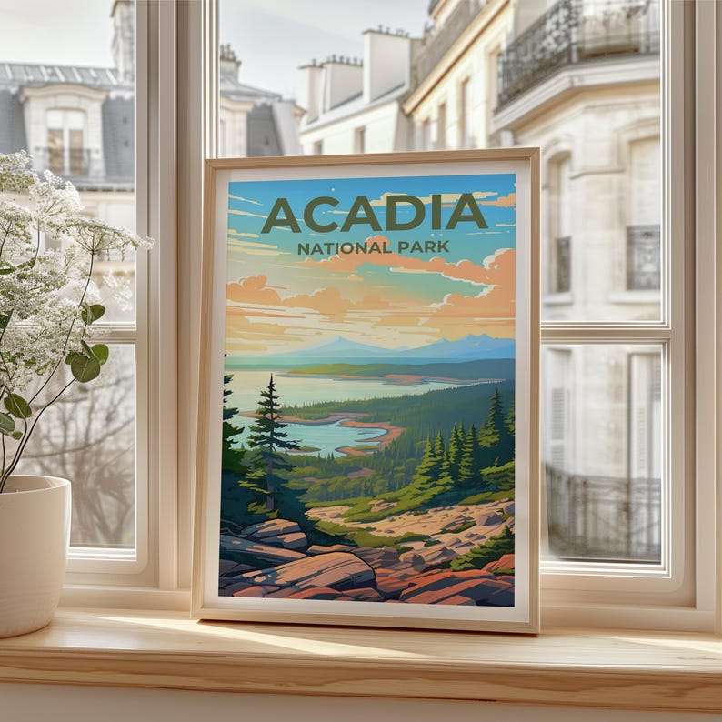 Affiche de voyage d'Acadie, art mural du Maine, impression du Maine, affiche d'Acadie, affiche de forêt, affiche de nature, art d'Acadie