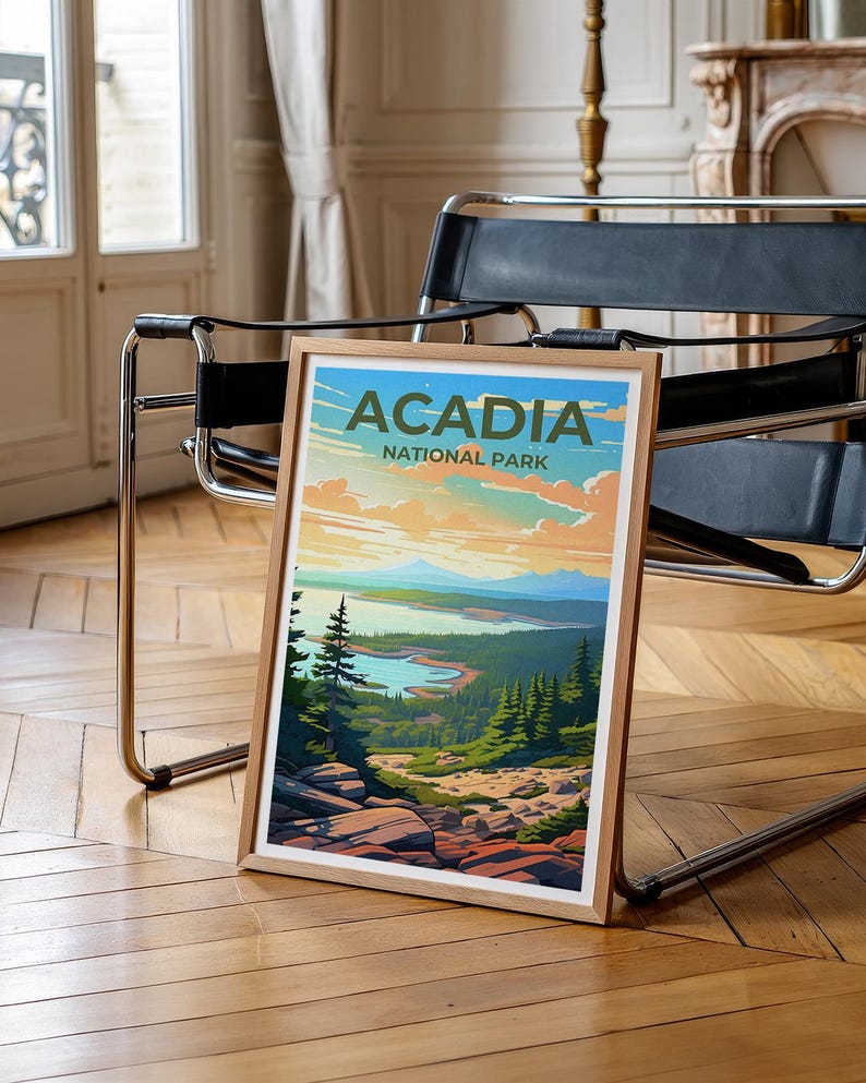 Affiche de voyage d'Acadie, art mural du Maine, impression du Maine, affiche d'Acadie, affiche de forêt, affiche de nature, art d'Acadie