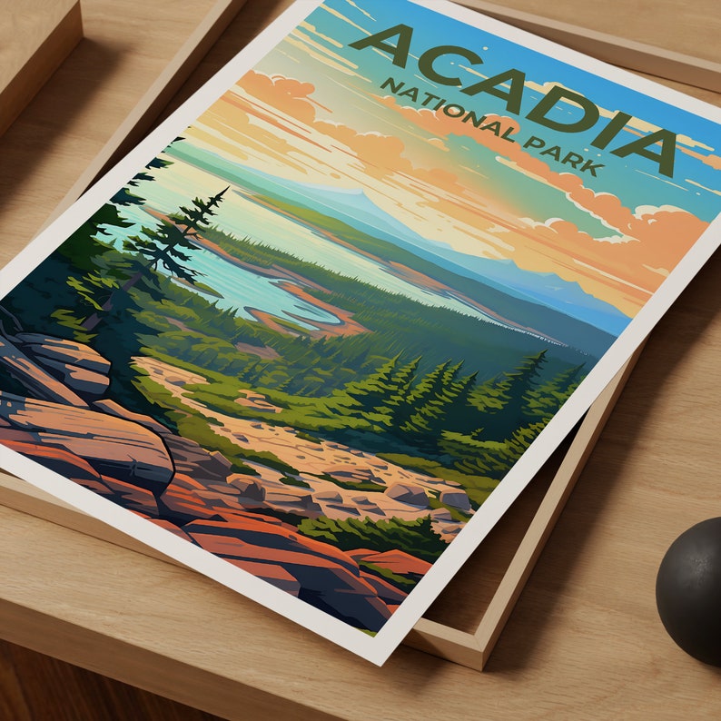 Affiche de voyage d'Acadie, art mural du Maine, impression du Maine, affiche d'Acadie, affiche de forêt, affiche de nature, art d'Acadie