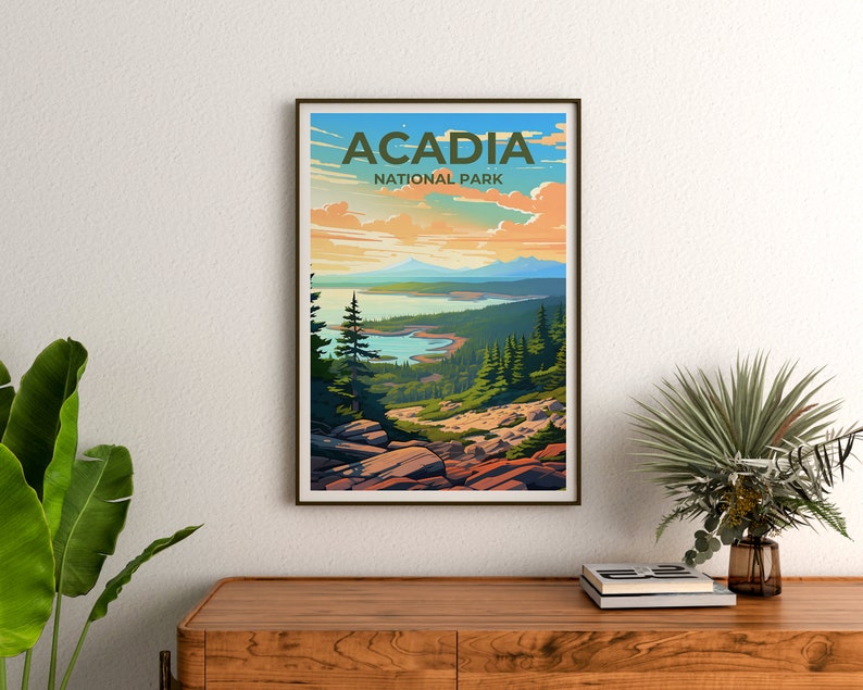 Affiche de voyage d'Acadie, art mural du Maine, impression du Maine, affiche d'Acadie, affiche de forêt, affiche de nature, art d'Acadie