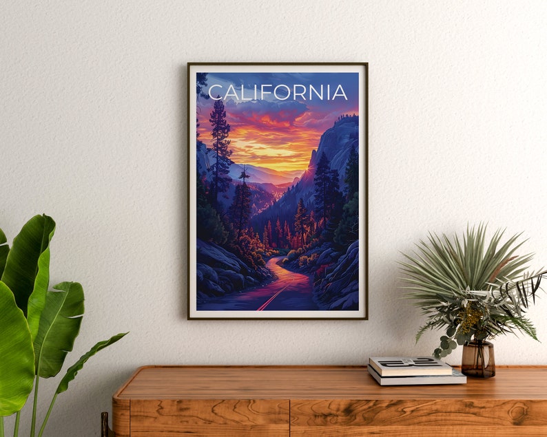 Affiche de Californie, Impression de Californie, Affiche de voyage sur la route, Impression de forĂȘt, Affiche de voyage en Californie, Cadeau de Californie, Art de Californie