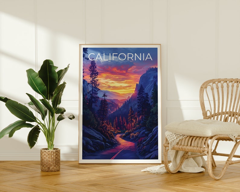 Affiche de Californie, Impression de Californie, Affiche de voyage sur la route, Impression de forĂȘt, Affiche de voyage en Californie, Cadeau de Californie, Art de Californie