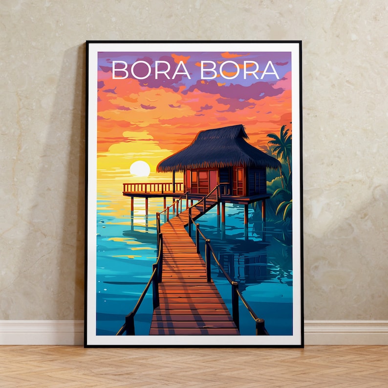 Bora Bora Travel Poster, Bungalow Wall Art, Bungalow Print, Bora Bora Poster, Bungalow Poster, Tropical Poster, Bora Bora Print