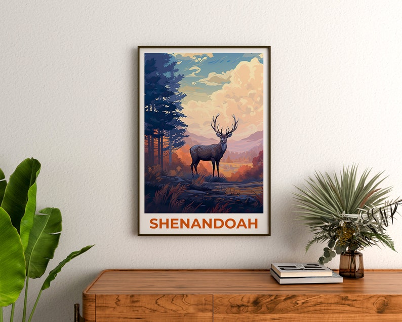 Affiche de voyage de Shenandoah, art mural de cerf, impression de cerf, affiche de Shenandoah, affiche de cerf, affiche de forêt, art de Shenandoah