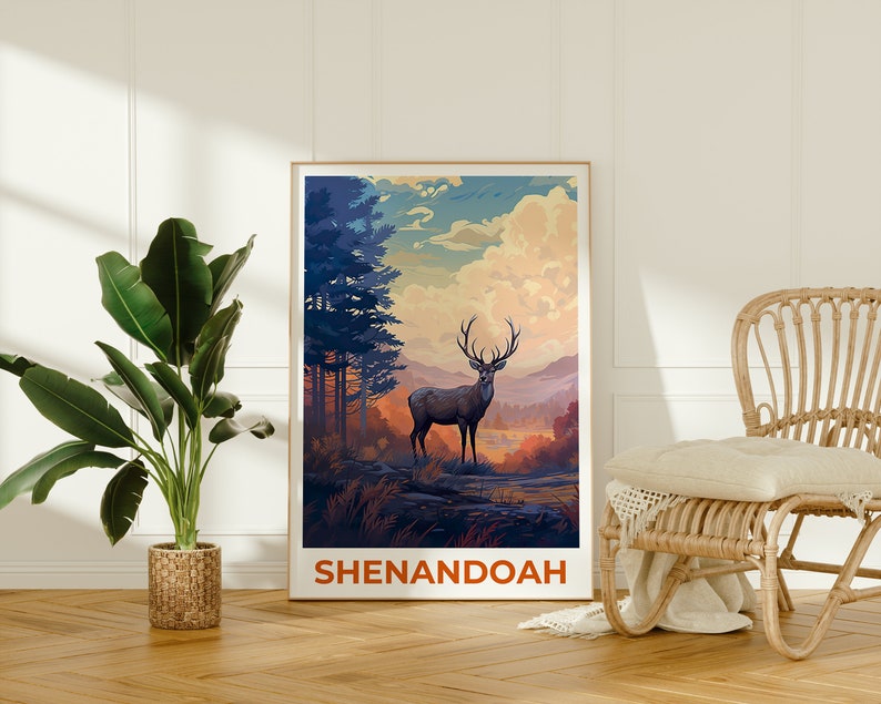 Affiche de voyage de Shenandoah, art mural de cerf, impression de cerf, affiche de Shenandoah, affiche de cerf, affiche de forêt, art de Shenandoah