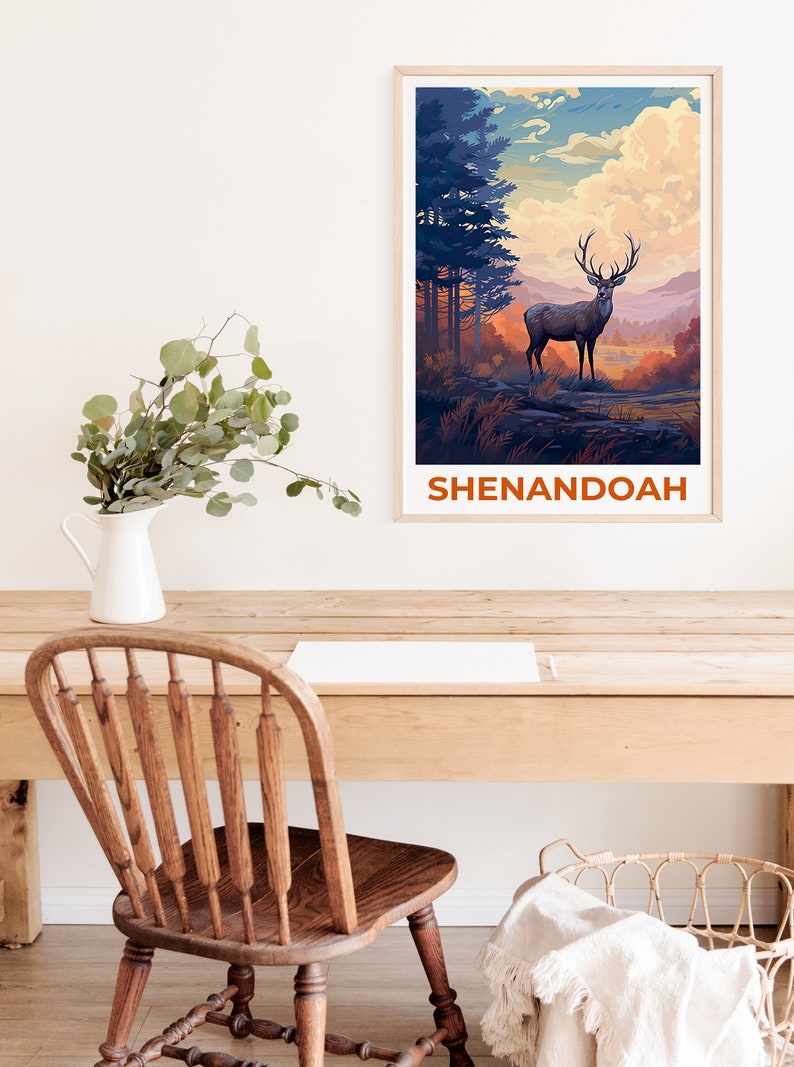 Affiche de voyage de Shenandoah, art mural de cerf, impression de cerf, affiche de Shenandoah, affiche de cerf, affiche de forêt, art de Shenandoah