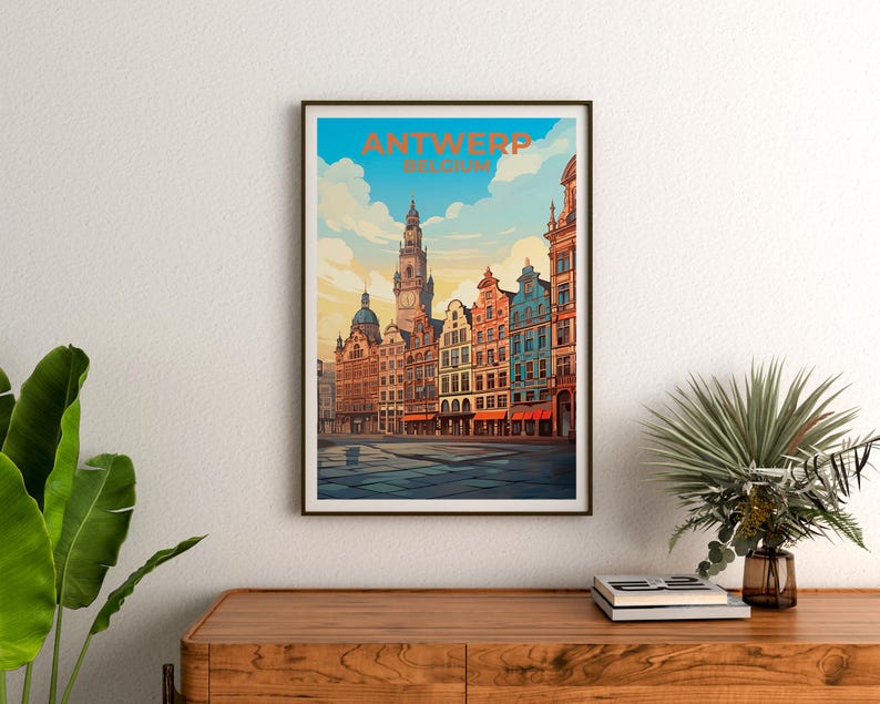 Antwerp Travel Print Belgium Poster European City Wall Art Grote Markt Illustration Antwerp Poster Home Decor Birthday Gift