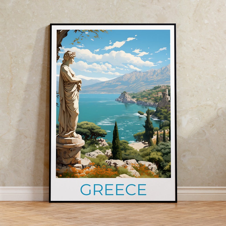 Greece Travel Poster, Coast Wall Art, Coast Print, Greece Poster, Greek Statue Poster, Nature Poster, Greece Art