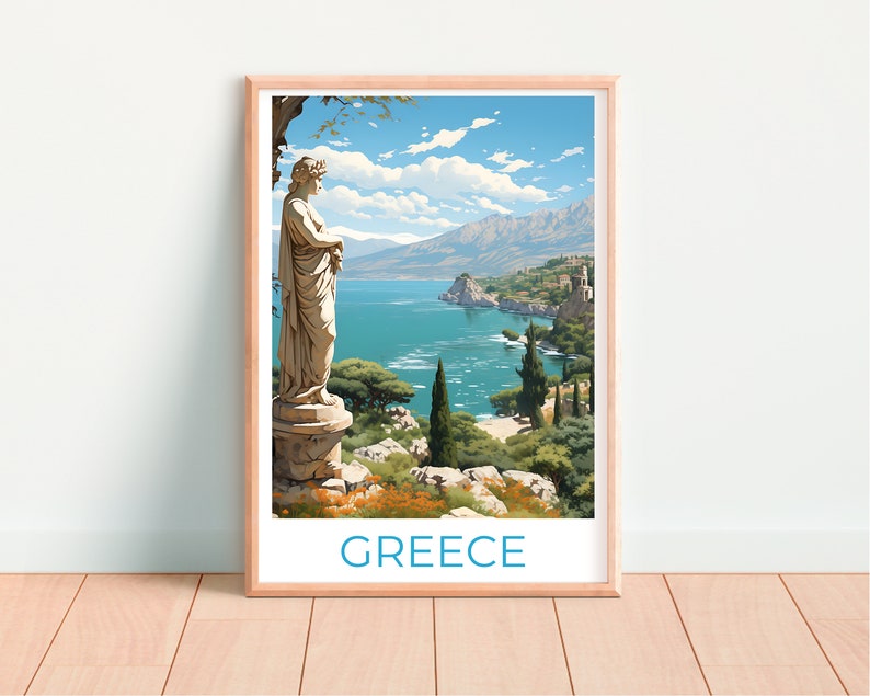Greece Travel Poster, Coast Wall Art, Coast Print, Greece Poster, Greek Statue Poster, Nature Poster, Greece Art