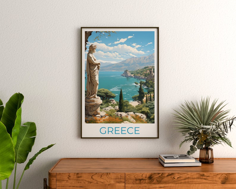 Greece Travel Poster, Coast Wall Art, Coast Print, Greece Poster, Greek Statue Poster, Nature Poster, Greece Art