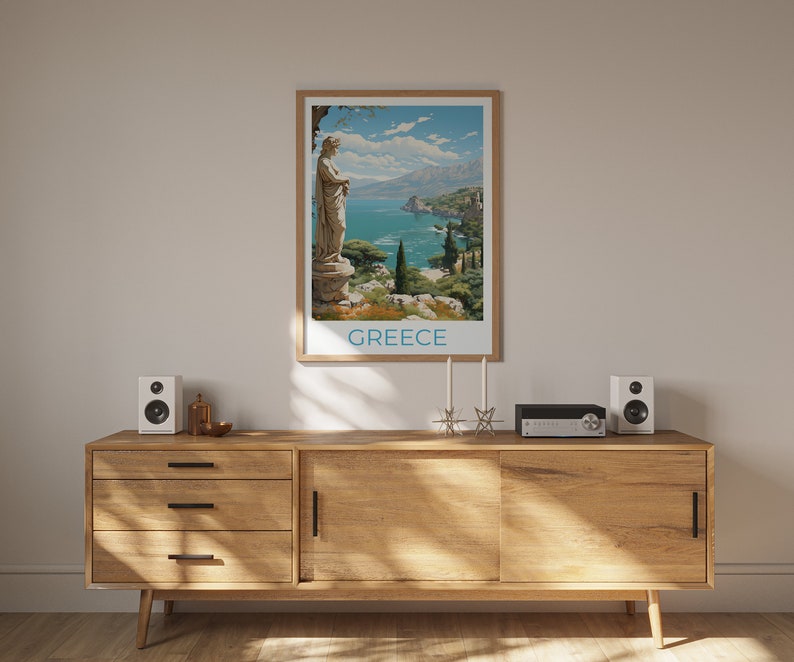 Greece Travel Poster, Coast Wall Art, Coast Print, Greece Poster, Greek Statue Poster, Nature Poster, Greece Art