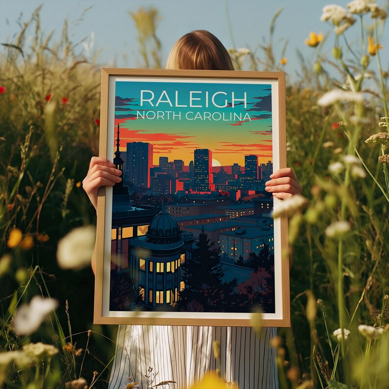 Raleigh Travel Print North Carolina Poster US Wall Art Rooftop Illustration Raleigh Poster Home Decor Birthday Gift
