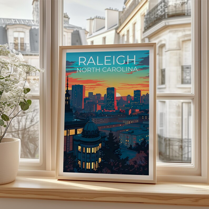Raleigh Travel Print North Carolina Poster US Wall Art Rooftop Illustration Raleigh Poster Home Decor Birthday Gift