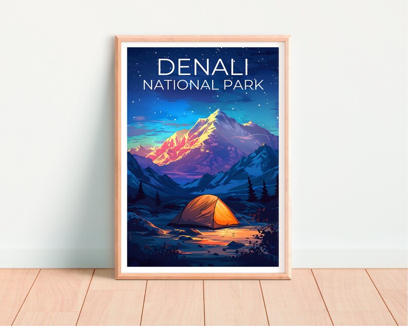 Affiche du parc national de Denali, impression Denali, affiche d'Alaska, impression d'Alaska, affiche de voyage Denali, affiche de montagne, art de l'Alaska