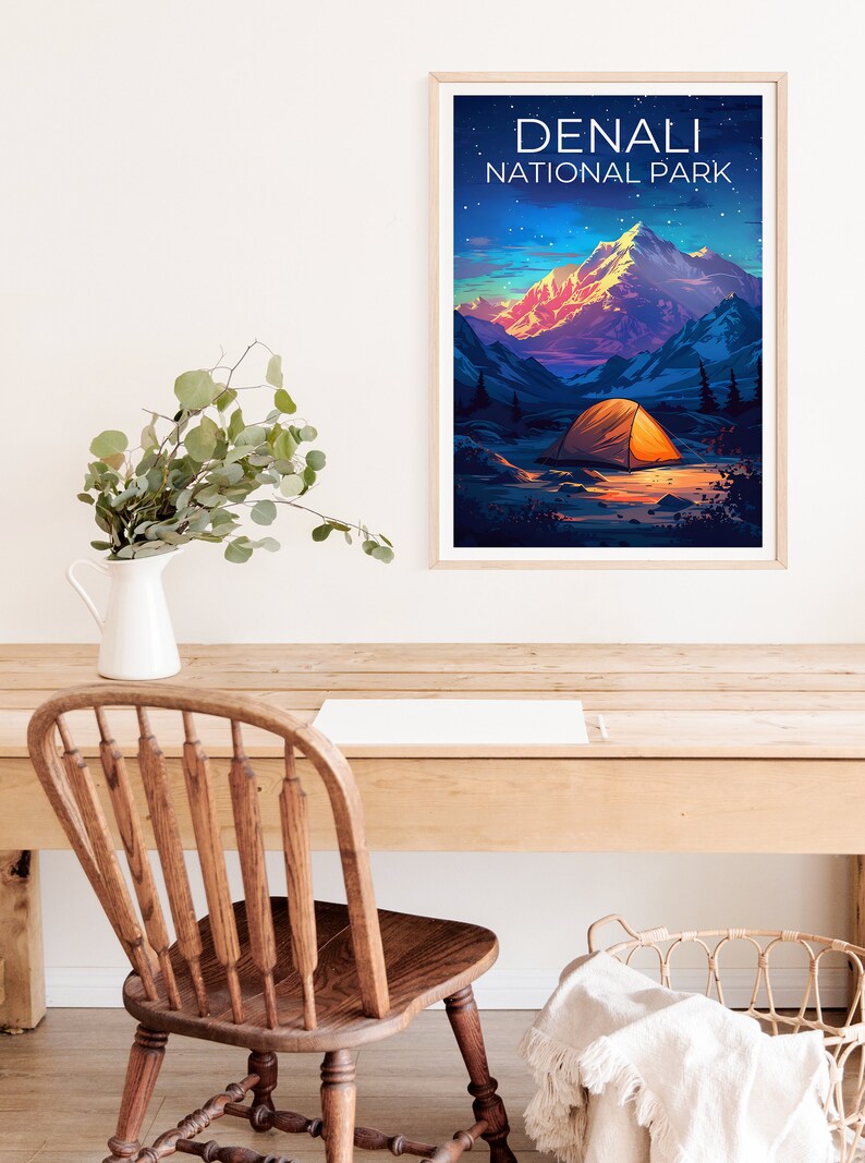 Affiche du parc national de Denali, impression Denali, affiche d'Alaska, impression d'Alaska, affiche de voyage Denali, affiche de montagne, art de l'Alaska