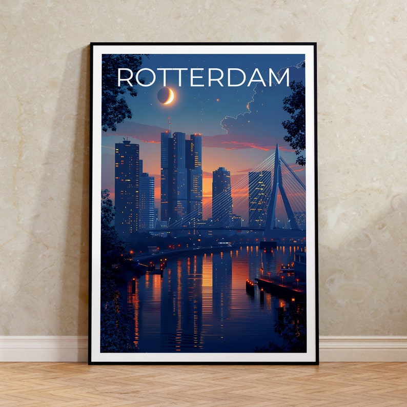 Rotterdam Travel Poster, Netherdams Wall Art, Netherlands Print, Rotterdam Poster, Erasmusbrug Bridge Poster, Europe Poster, Rotterdam Gift