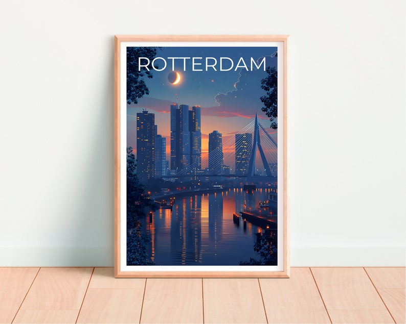 Rotterdam Travel Poster, Netherdams Wall Art, Netherlands Print, Rotterdam Poster, Erasmusbrug Bridge Poster, Europe Poster, Rotterdam Gift