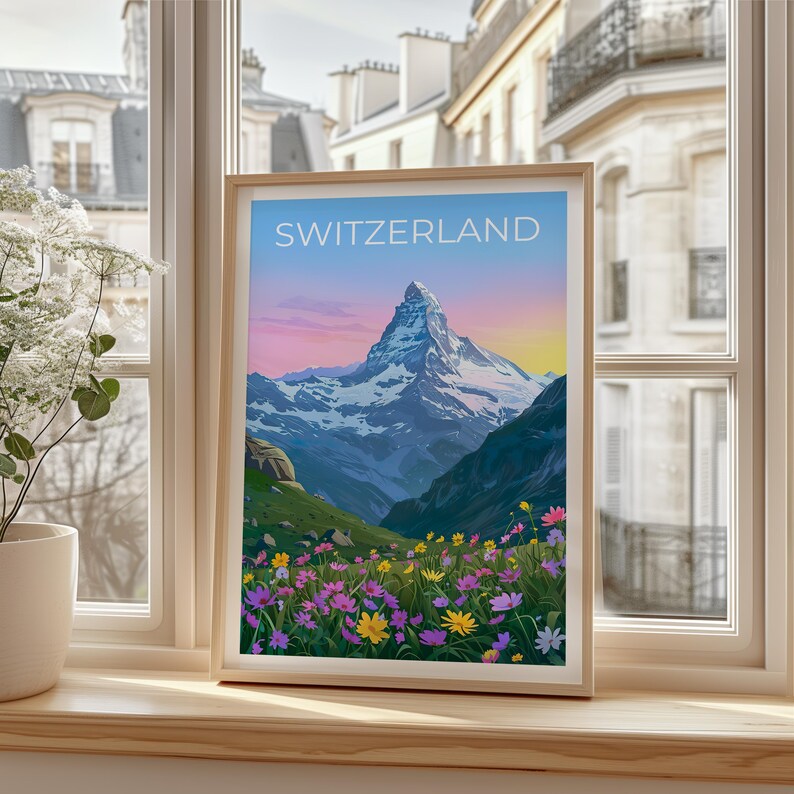Switzerland Travel Print Matterhorn Poster Swiss Alps Wall Art Mountain Illustration Switzerland Poster Home Decor Birthday Gift