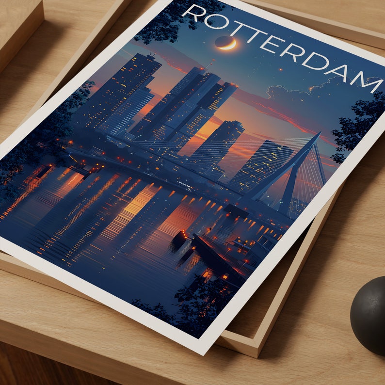 Rotterdam Travel Poster, Netherdams Wall Art, Netherlands Print, Rotterdam Poster, Erasmusbrug Bridge Poster, Europe Poster, Rotterdam Gift