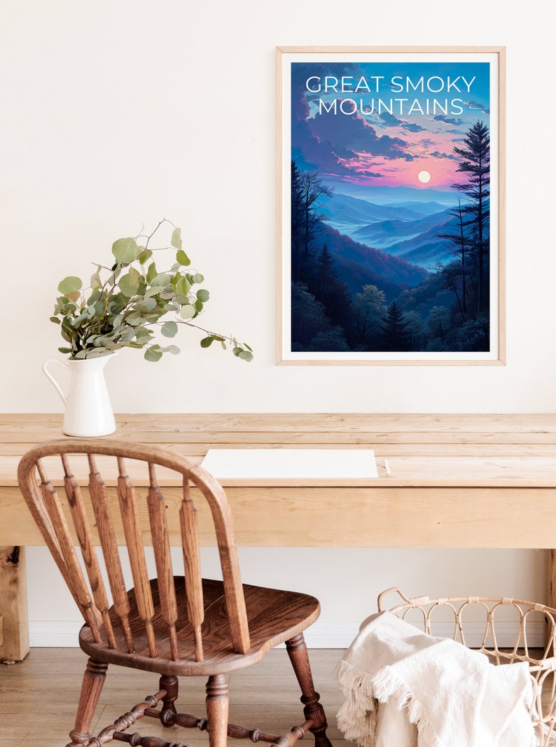 Affiche de voyage Great Smoky Mountains, art mural de montagne, impression de montagne, affiche Great Smoky Mountain, affiche du parc national