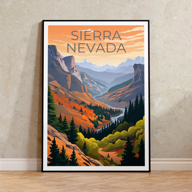 Sierra Nevada Poster, California Wall Art, Nevada Poster Print, Travel Gift Idea, Mountains Illustration, Sierra Nevada Poster