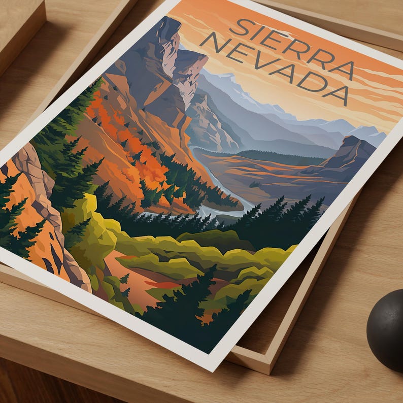 Sierra Nevada Poster, California Wall Art, Nevada Poster Print, Travel Gift Idea, Mountains Illustration, Sierra Nevada Poster