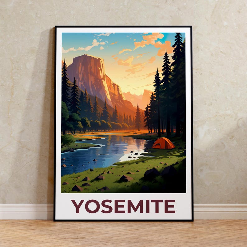 Yosemite National Park Print Poster, Camping Wall Art, Yosemite Poster, Travel Gift Idea, Forest Illustration, California Poster