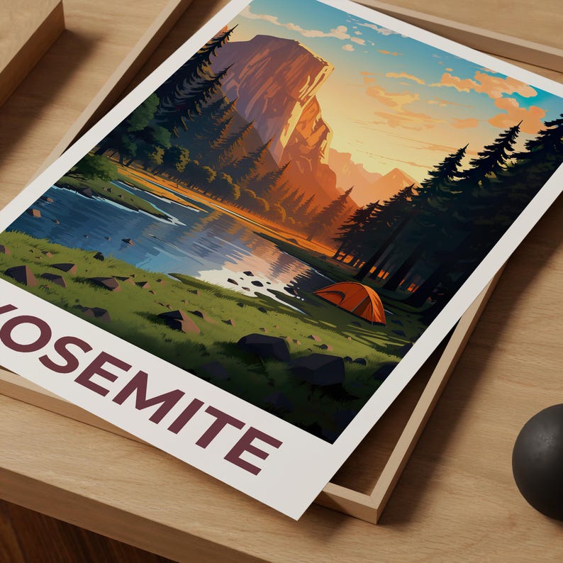 Yosemite National Park Print Poster, Camping Wall Art, Yosemite Poster, Travel Gift Idea, Forest Illustration, California Poster